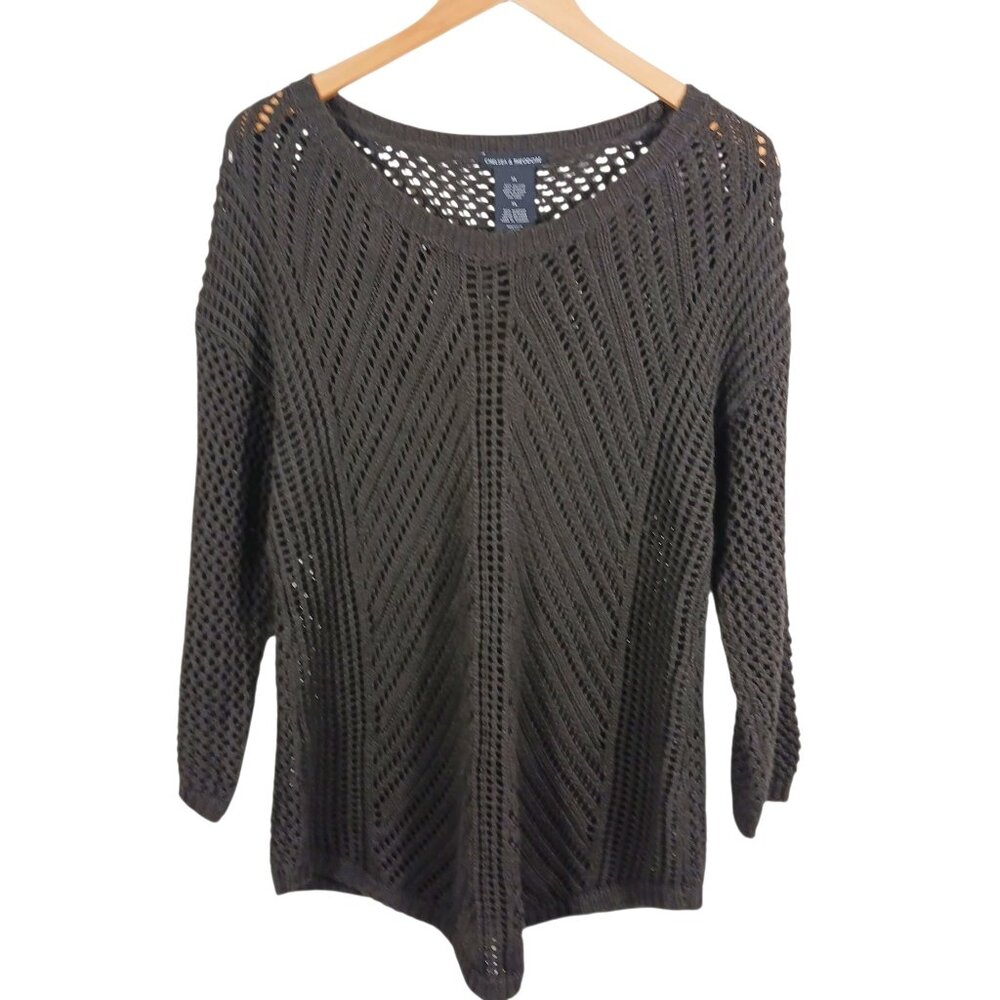 Chelsea & Theodore, XL, Charcoal, Open Weave, Long Sleeve Sweater, Crochet Look